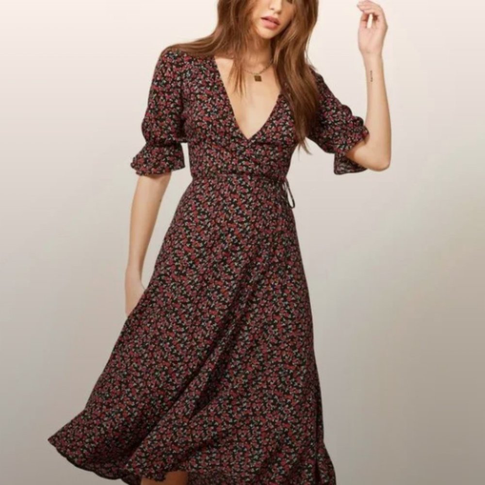 OBO Reformation Judith Midi Wrap Dress Mabel Print Red Floral